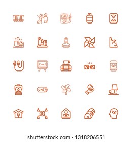 Editable 25 energy icons for web and mobile. Set of energy included icons line Eco, Greenhouse, Mining, Lamp, Idea, Windmill, Switch on, Oil lamp, Waste, Fist on white background