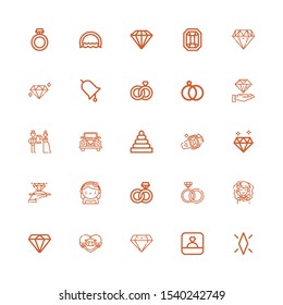 Editable 25 engagement icons for web and mobile. Set of engagement included icons line Diamond, Ring, Honeymoon, Bride, Rings, Engagement, Wedding car, Wedding on white background