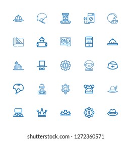 Editable 25 engineer icons for web and mobile. Set of engineer included icons line Hat, Cogwheel, Projection, Helmet, Engine, Engineer, Worker, Architecture on white background