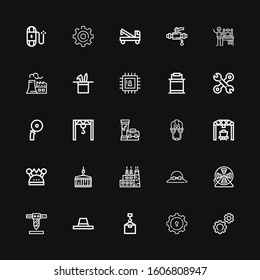 Editable 25 engineering icons for web and mobile. Set of engineering included icons line Settings, Gear, Crane, Hat, Robot arm, Wire, Factory, Helmet, Loader on black background
