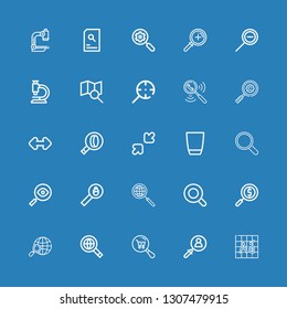 Editable 25 enlarge icons for web and mobile. Set of enlarge included icons line Font, Search, Searching, Magnifying glass, Magnifier, Glass, Resize, Microscope on blue background