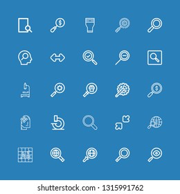 Editable 25 enlarge icons for web and mobile. Set of enlarge included icons line Search, Magnifying glass, Searching, Font, Resize, Magnifier, Microscope, Expand on blue background