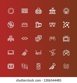 Editable 25 entertainment icons for web and mobile. Set of entertainment included icons line Party, Trumpet, Dominoes, Confetti, Poker table, Gamepad, Microphone, Vr, Stage on red