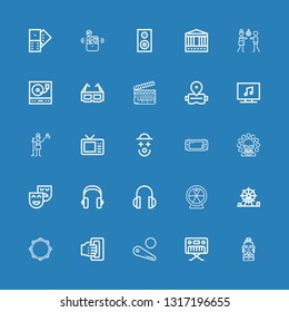 Editable 25 entertainment icons for web and mobile. Set of entertainment included icons line Actress, Piano, Pinball, Handheld, Tambourine, Amusement park, Roulette on blue background