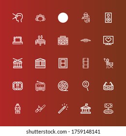 Editable 25 entertainment icons for web and mobile. Set of entertainment included icons line Virtual reality, Carousel, Magic wand, Trombone, Actress, d glasses, Dodge on red