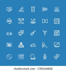 Editable 25 entertainment icons for web and mobile. Set of entertainment included icons line Theater, Actress, Piano, Amusement park, Tennis ball, Television on blue background