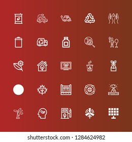 Editable 25 environmental icons for web and mobile. Set of environmental included icons line Solar panel, Eolic energy, Eco fuel, Eco, Wind turbine, Eruption, Recycling on red