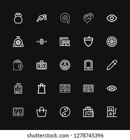 Editable 25 eps icons for web and mobile. Set of eps included icons line Gas station, Shopping bag, Yin yang, Gps, Eye, Eyedropper, Peace sign, Wheel, Acorn on black background