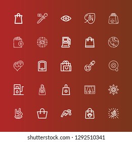 Editable 25 eps icons for web and mobile. Set of eps included icons line Om, Shopping bag, Gas station, Maloik, Wheel, Gps, Eye, Eyedropper, Gasoline station on red