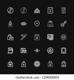 Editable 25 eps icons for web and mobile. Set of eps included icons line Shopping bag, Wheel, Gps, Gas station, Gas pump, Eye, Gif, Eyedropper, Yin yang on black background