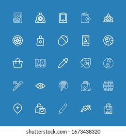 Editable 25 eps icons for web and mobile. Set of eps included icons line Shopping bag, Gas station, Edit button, Gps, Cask, Panpipe, Eye, Eyedropper, Yin yang on blue background