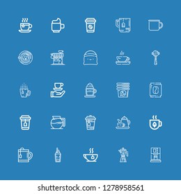 Editable 25 espresso icons for web and mobile. Set of espresso included icons line Coffee machine, Coffee maker, Tea, Coffee, Cup, Cappuccino, Espresso, Coffee shop on blue background
