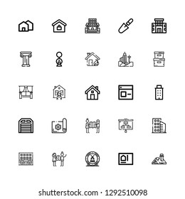 Editable 25 estate icons for web and mobile. Set of estate included icons line House, Blueprint, Ceramic, Planning, Building, Buildings, Garage, Window, Storage box on white background