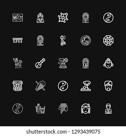 Editable 25 ethnic icons for web and mobile. Set of ethnic included icons line Hippie, Native american, Panpipe, Tandoor, Yin yang, Indian, Savannah, Guiro on black background