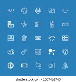 Editable 25 euro icons for web and mobile. Set of euro included icons line Money, Coin, Piggy bank, Dollar, Budget, Coins, Cash, Currency, Money transfer on blue background