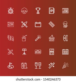 Editable 25 event icons for web and mobile. Set of event included icons line Confetti, Wand, Champagne, Calendar, Golf, Newspaper, Stand, Kayak, Circus, Magic wand, Singer on red