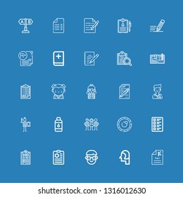 Editable 25 exam icons for web and mobile. Set of exam included icons line Exam, Student, Clipboard, Medical history, Test, Lens, Students, Contact lens, Writing on blue background