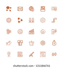 Editable 25 exchange icons for web and mobile. Set of exchange included icons line Transfer, Payment method, Baton, Budget, Money tree, Money, Dollar, Atm on white background