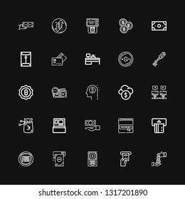 Editable 25 exchange icons for web and mobile. Set of exchange included icons line Loan, Atm, Money, Fiat, Payment method, Cash, Cash machine, Communications on black background