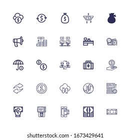Editable 25 exchange icons for web and mobile. Set of exchange included icons line Money, Payment method, Atm, Budget, Transfer, Coin, Bitcoin, Exchange, Coins on white background