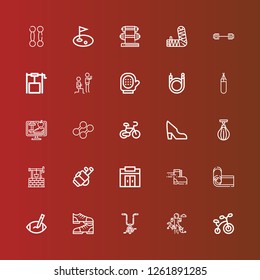 Editable 25 exercise icons for web and mobile. Set of exercise included icons line Bicycle, Jumping, Shoes, Rugby ball, Yoga mat, Shoe, Gym, Golf, Well, Boxing bag, Dumbbell on red