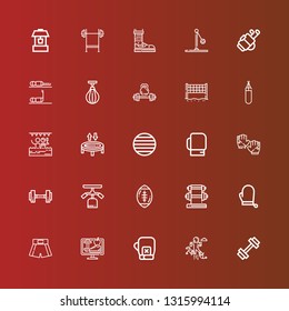 Editable 25 exercise icons for web and mobile. Set of exercise included icons line Gym, Jumping, Boxing gloves, Lifestyle, Boxing shorts, Gloves, Dumbbell, Rugby ball, Gym station on red
