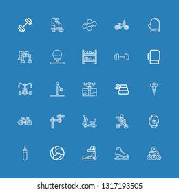 Editable 25 exercise icons for web and mobile. Set of exercise included icons line Pool, Ice skate, Treadmill, Ball, Punching bag, Rugby ball, Bike, Stationary bike on blue background