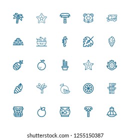 Editable 25 exotic icons for web and mobile. Set of exotic included icons line Terrarium, Palm tree, Aquarium, Orange, Tiki, Bamboo, Mangosteen, Seashell, Dragon fruit on white background