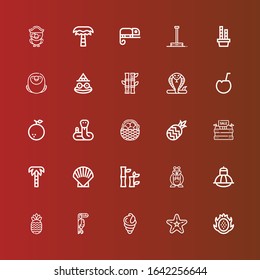 Editable 25 exotic icons for web and mobile. Set of exotic included icons line Dragon fruit, Starfish, Seashell, Toucan, Pineapple, Terrarium, Hamster, Bamboo, Shell, Palm tree on red