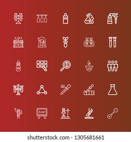 Editable 25 experiment icons for web and mobile. Set of experiment included icons line Gravity, Test tube, Chemical, Formula, Scientist, Flask, Pipette, Eyedropper, Molecules on red