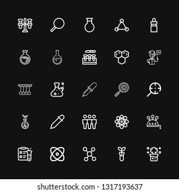 Editable 25 experiment icons for web and mobile. Set of experiment included icons line Chemical reaction, Test tube, Molecule, Physics, Science, Cloning, Eyedropper on black background
