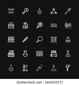 Editable 25 experiment icons for web and mobile. Set of experiment included icons line Research, Dropper, Pipette, Chemical, Flask, Test tube, Chemistry, Test tubes on black background