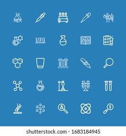 Editable 25 experiment icons for web and mobile. Set of experiment included icons line Magnifying glass, Physics, Research, Molecule, Test tube, Test tubes on blue background