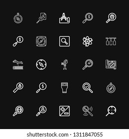 Editable 25 exploration icons for web and mobile. Set of exploration included icons line Magnifying glass, Search, Zoom, Compass, Glass, Explorer, Science fiction on black background