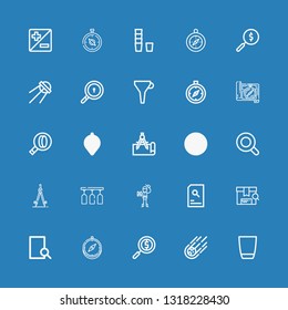 Editable 25 exploration icons for web and mobile. Set of exploration included icons line Glass, Meteorite, Magnifying glass, Compass, Search, Explorer, Funnel on blue background