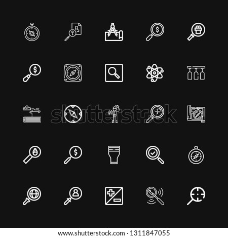 Editable 25 exploration icons for web and mobile. Set of exploration included icons line Magnifying glass, Search, Zoom, Compass, Glass, Explorer, Science fiction on black background