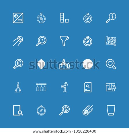 Editable 25 exploration icons for web and mobile. Set of exploration included icons line Glass, Meteorite, Magnifying glass, Compass, Search, Explorer, Funnel on blue background