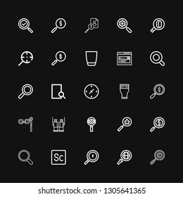 Editable 25 explore icons for web and mobile. Set of explore included icons line Magnifying glass, Search, Scout, Magnifier, Binoculars, Glass, Cardinal points on black background