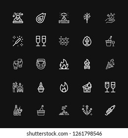 Editable 25 explosion icons for web and mobile. Set of explosion included icons line Spark, Celebration, Bonfire, Champagne, Fire, Flame, Party, Boxing, Sparkle on black background