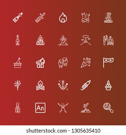 Editable 25 explosion icons for web and mobile. Set of explosion included icons line Disaster, Bonfire, Volcano, Animate, Champagne, Flame, Spark, Celebration, Sparkler on red