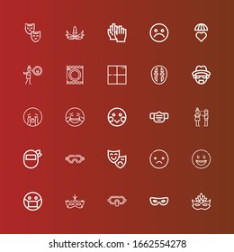 Editable 25 expression icons for web and mobile. Set of expression included icons line Mask, Happy, Sad, Theatre mask, Flirty, Shy, Laughing, Crying, Heisenberg, Delicious on red
