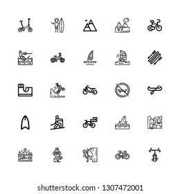 Editable 25 extreme icons for web and mobile. Set of extreme included icons line Bicycle, Climbing, Skier, Paintball, Cliff, Surfboard, Canoe, Skateboard, Motorbike on white background