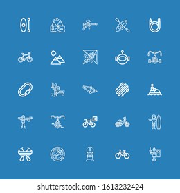 Editable 25 extreme icons for web and mobile. Set of extreme included icons line Paintball, Bicycle, Surfboard, Zorbing, Canoe, Surfer, Jet ski, Skii, Bmx, Carabiner on blue background