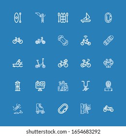 Editable 25 extreme icons for web and mobile. Set of extreme included icons line Motorbike, Kayak, Carabiner, Roller skate, Skydiving, Wrestler, Bicycle, Skateboard on blue background