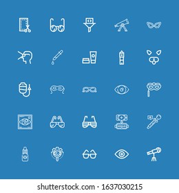 Editable 25 eye icons for web and mobile. Set of eye included icons line Telescope, View, Sunglasses, Eye dropper, Eyedropper, Virtual reality, Visibility, mask on blue background