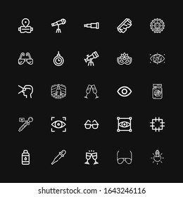 Editable 25 eye icons for web and mobile. Set of eye included icons line Tungsten, Sunglasses, Glasses, Pipette, Contact lens, Patch, Focus, Eyedropper, Eye jar on black background