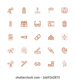 Editable 25 eye icons for web and mobile. Set of eye included icons line Auto flash, Cosmetics, Sunglasses, Telescope, Dropper, Pipette, Eye, Body, Goggles on white background