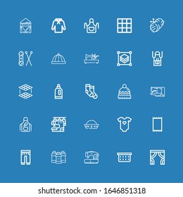 Editable 25 fabric icons for web and mobile. Set of fabric included icons line Curtains, Laundry basket, Sewing machine, Acrylic, Sweatpants, Carpet, Baby clothes on blue background