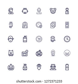 Editable 25 face icons for web and mobile. Set of face included icons line Baby powder, Grandfather, Emotions, Gel, Pumpkin, Crying, Woman, Anti age, Cat, Wall clock on white background