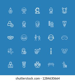 Editable 25 face icons for web and mobile. Set of face included icons line Woman, Eye mask, Cat, Clipper, Avatar, Clown, Mirror, Dog, Voodoo, Sleeping mask on blue background